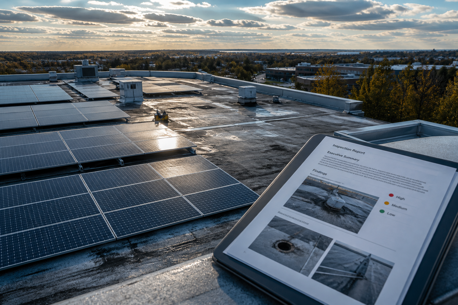 Tablet on a solar roof showing an inspection report